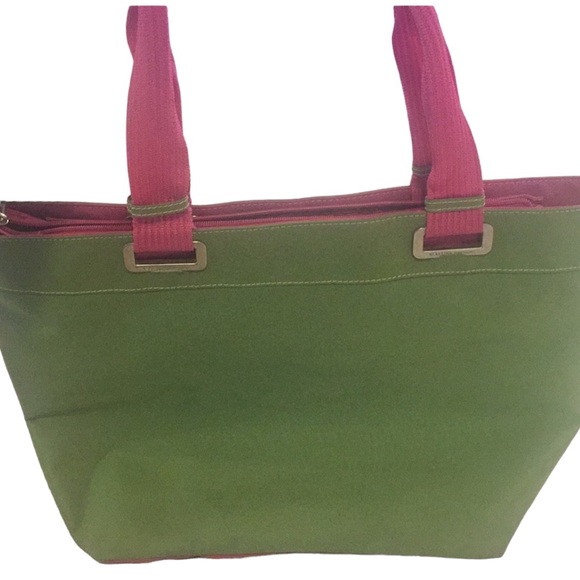 Kenneth Cole Pink and Green Preppy Canvas Tote Overnight Bag with Zipper - Picture 2 of 5